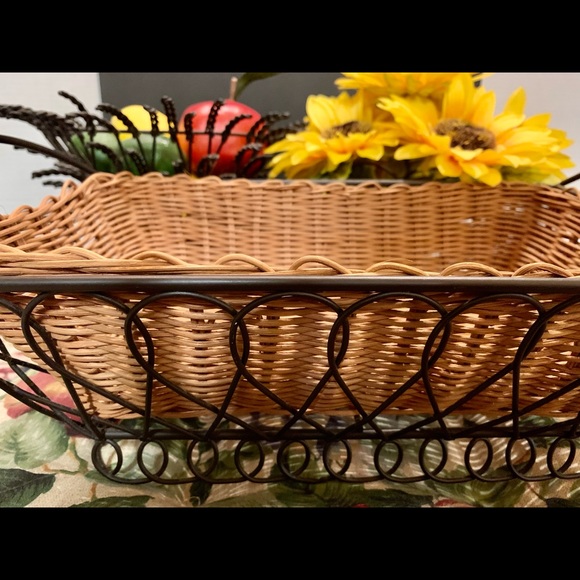 Vintage Hand Woven Reed Basket W/ Black Wrought Iron Stand. Rectangular - Picture 7 of 14